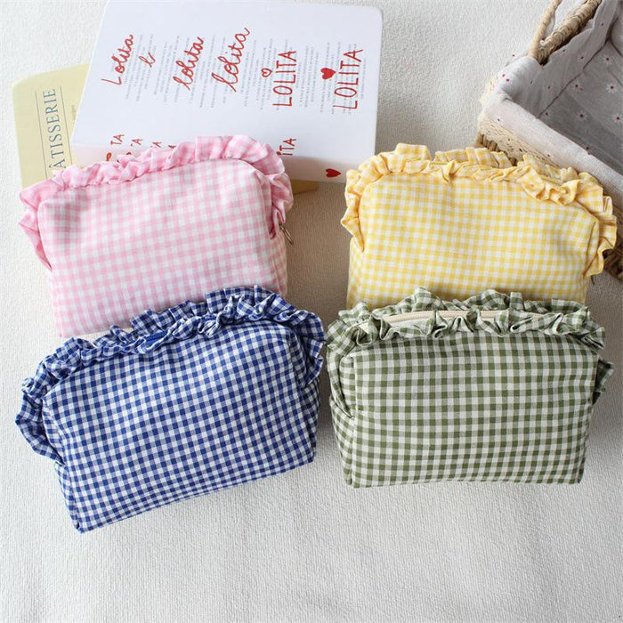 Wholesale Trendy Black Plaid Pleated Lace Pencil Case Large Capacity Student Stationery Pouch Boutique Gift