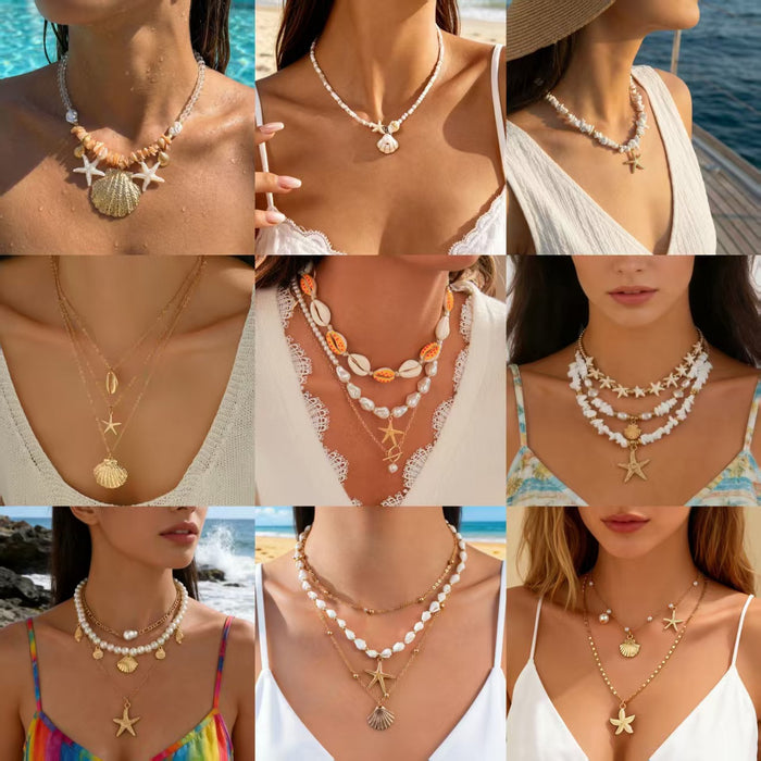 Wholesale Bohemian Starfish Shell Pendant Necklace Faux Pearl Ocean Series Beach Vacation Style