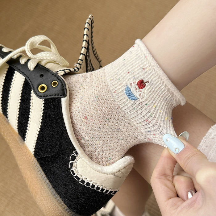 Wholesale Curled edge socks made of pure cotton, thin design, mid tube socks, sweat absorbing, odor proof, butterfly knot, versatile stacking socks