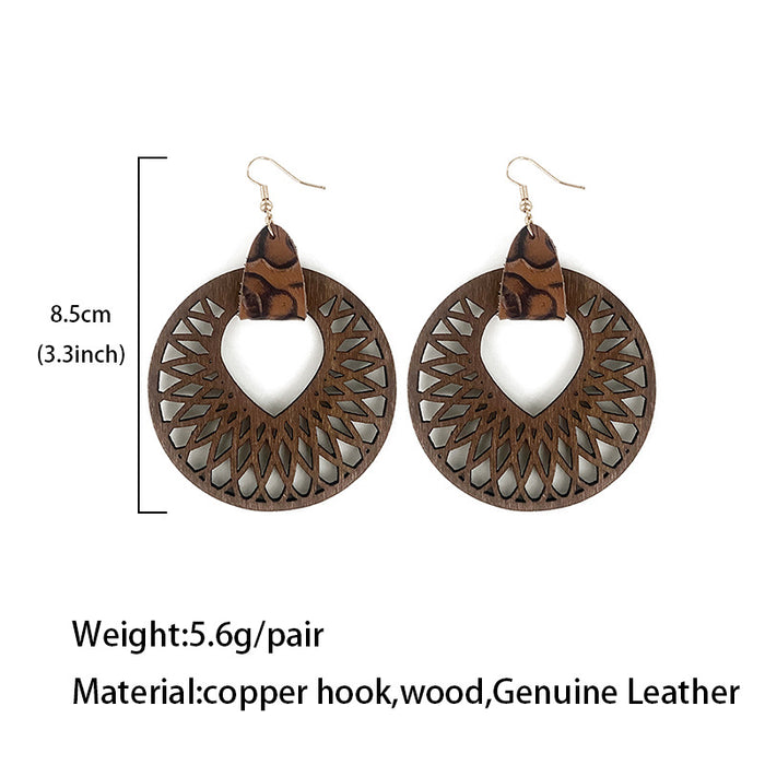 Wholesale Retro wooden earrings hollow Mandala exaggerated texture earrings
