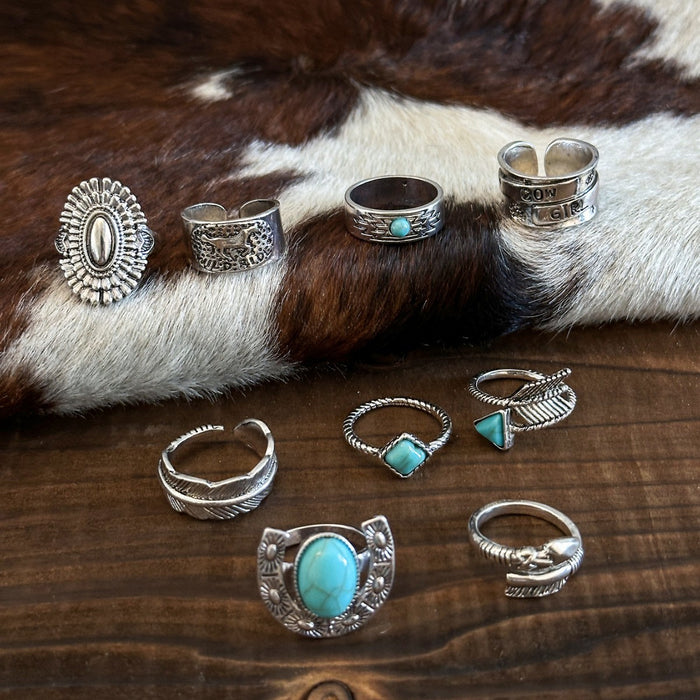 Wholesale Western cowboy retro style turquoise ancient silver arrow feather horse ring multi-element imitation gemstone ring for women