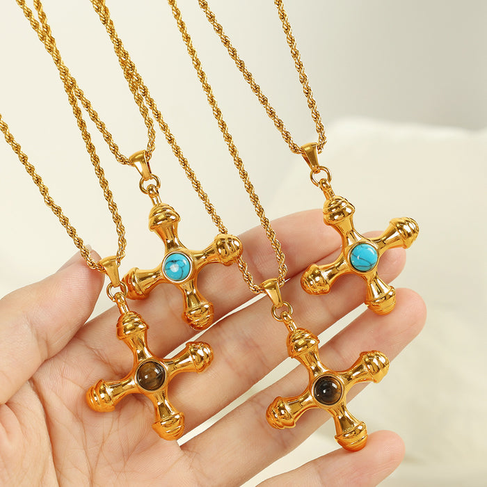 Wholesale Jewelry retro temperament  creative cross inlaid tiger eye stone pendant necklace earrings