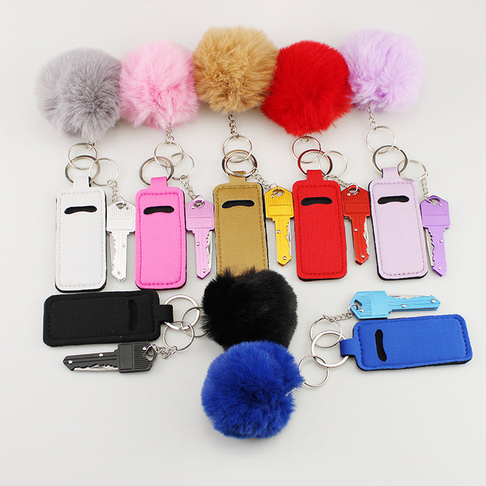 Wholesale Lipstick Design Pom Pom Keychain Fabric Car Key Accessory Decorative Gift For Party