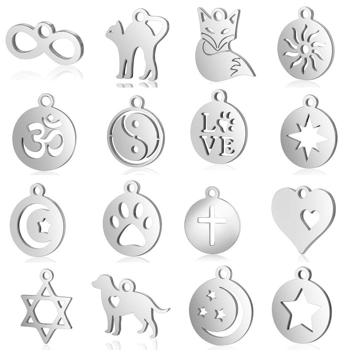 Wholesale 10 pcs/pack Heart Sun Yoga Star Moon Dog Claw Cat Fox Clover Stainless Steel Pendant JDC-PT-QZ003