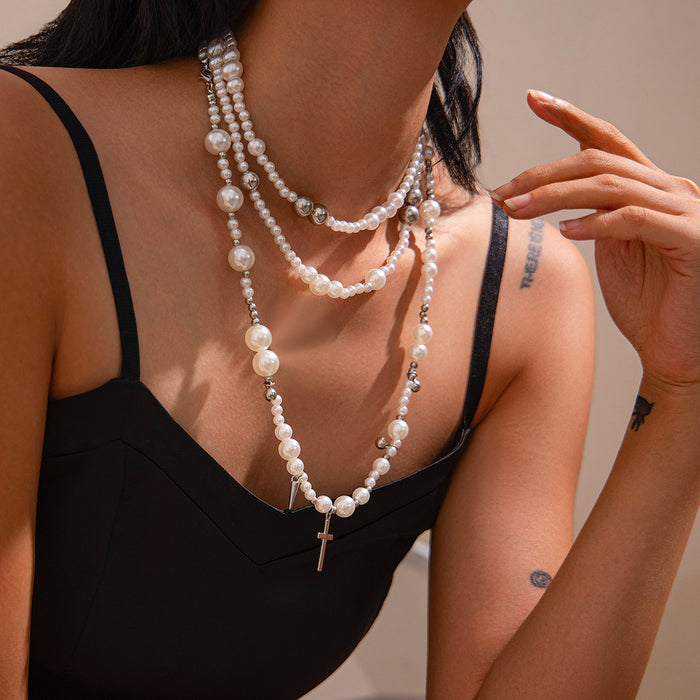 Wholesale Vintage multi-layer imitation pearl handmade necklace, personalized rivet pendant, accessory