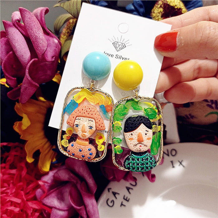 Wholesale Doll Ethnic Style Funny Windowsill Men Women Hand-painted Color Cartoon Earrings Women