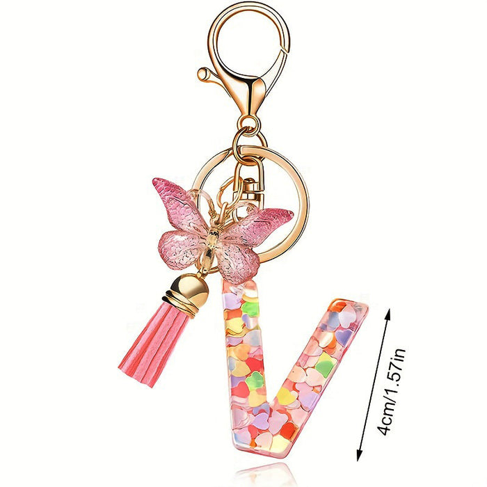 Wholesale Fashion pink letter key chain love sequins butterfly tassel key chain crystal  accessories