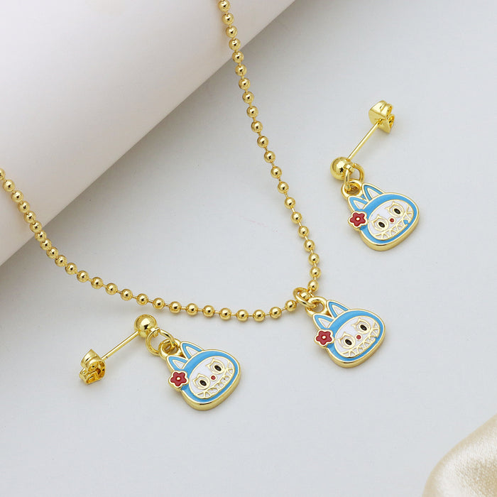 Wholesale Cartoon Pendant Necklace Ball Chain Brass Oil Drop Cute Earrings Lucky Cat Set