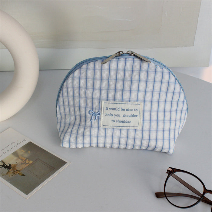Wholesale Polyester Blue Bow Checkered Makeup Bag Chic Shell Toiletry Pouch For Everyday Use