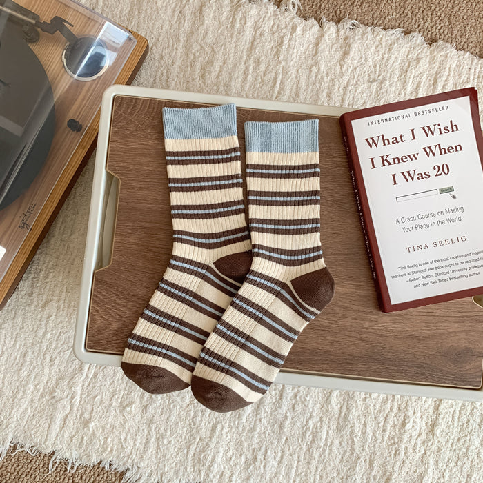 Wholesale Striped pile socks, contrasting socks, double needle sweat absorbing mid tube socks