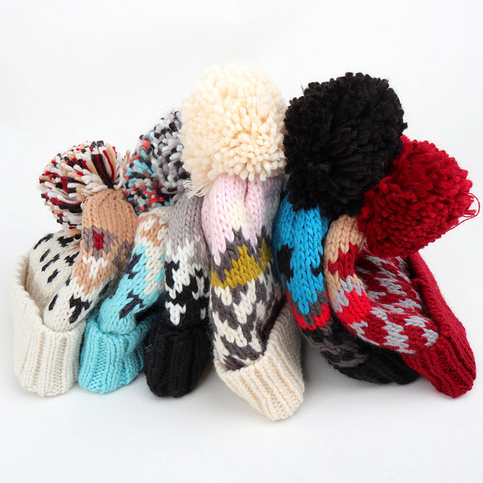 Wholesale Color blocked Geometric Diamond Jacquard Beanie with Colorful Turn-up Thickened Warm Knitted Hat