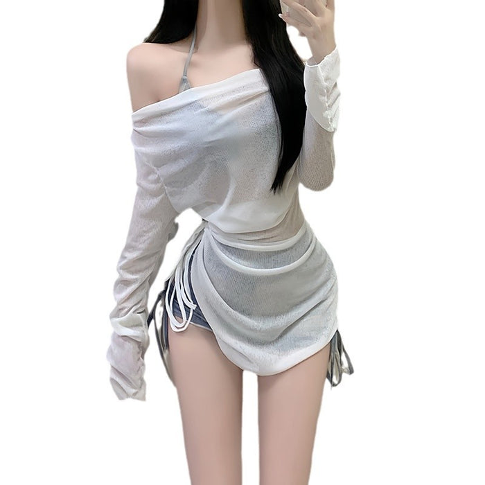 Wholesale Swimsuit vacation tie dye blue three-point sports split flat angle bikini top three piece set