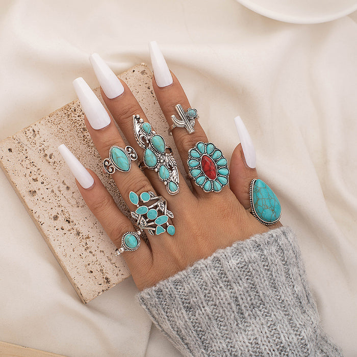 Wholesale Ethnic Style Retro Turquoise Carved Feather Ring Fashionable and Personalized 8-Piece Combination Ring Set
