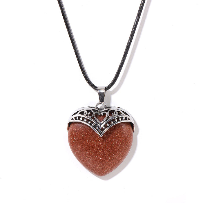 Wholesale Heart shaped pendant necklace with stone beads and tiger' s eye adjustable leather cord