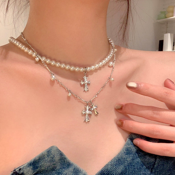 Wholesale Double-Layer Layered Cross and Pearl Choker Necklace