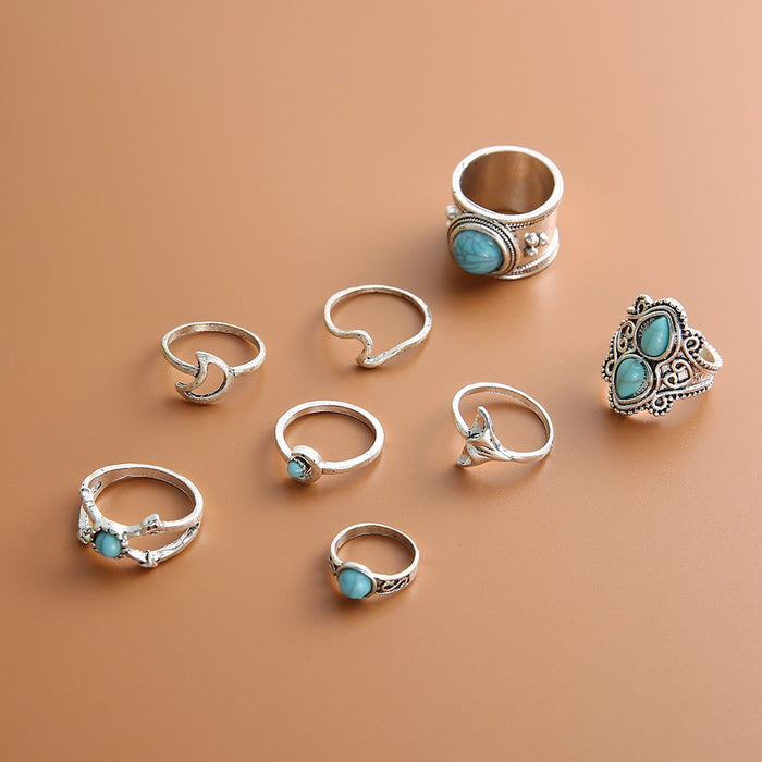 Wholesale Ethnic Style Retro Turquoise Carved Feather Ring Fashionable and Personalized 8-Piece Combination Ring Set