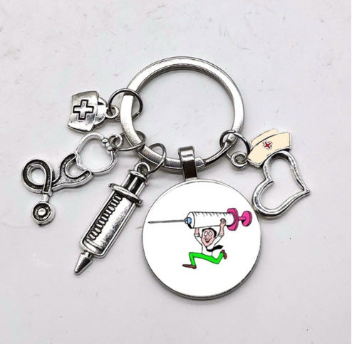 Wholesale Nurse Stethoscope Medical Syringe Picture Glass Cabochon and Glass Dome Keychain JDC-KC-HaoH010