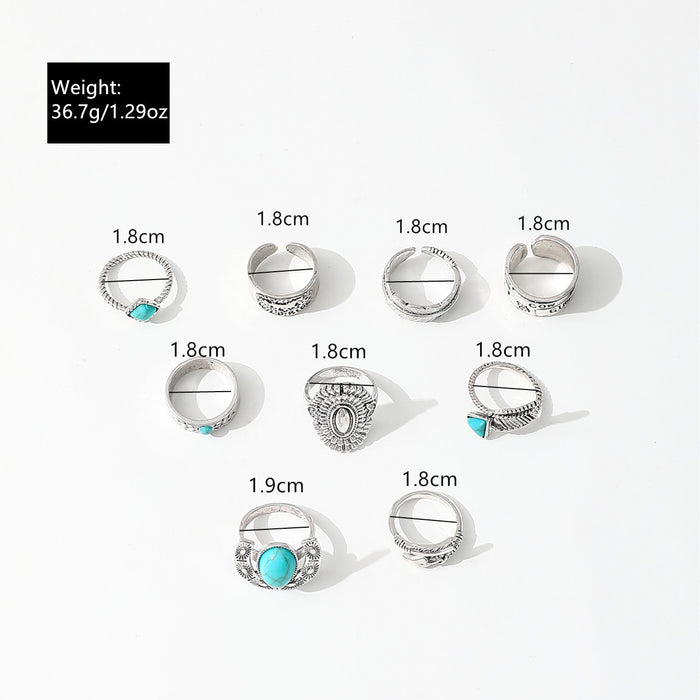 Wholesale Western cowboy retro style turquoise ancient silver arrow feather horse ring multi-element imitation gemstone ring for women