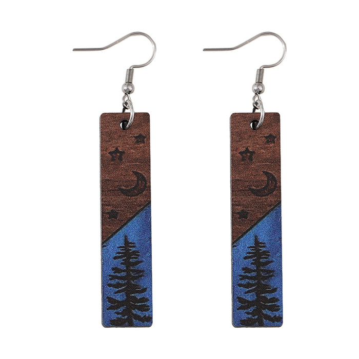 Wholesale Pine Tree Star Moon Rectangular Geometric Pendant Earrings Women' s Wooden Double-Sided Earrings