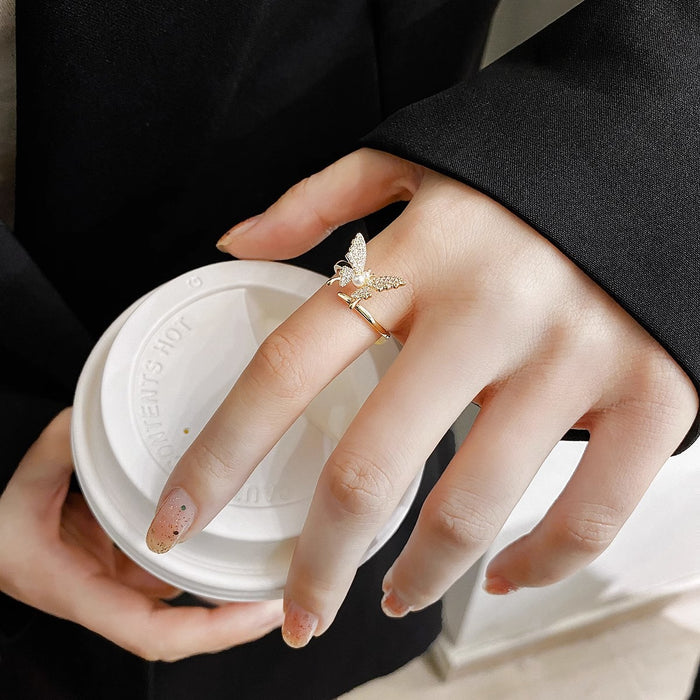 Wholesale Full diamond micro inlaid butterfly asymmetrical niche design, open index finger ring, light luxury versatile ring