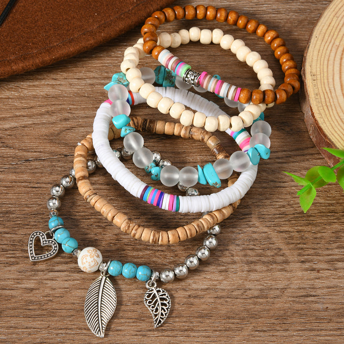 Wholesale Bohemian style colorful multi-layered wooden bead and nut shell six-piece set stretch clay bead bracelet