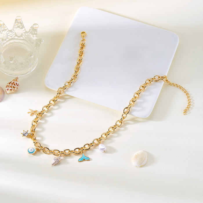 Wholesale Ocean Seashell Starfish Pearl Necklace and Bracelet Set Alloy Electroplated Fashion Accessory