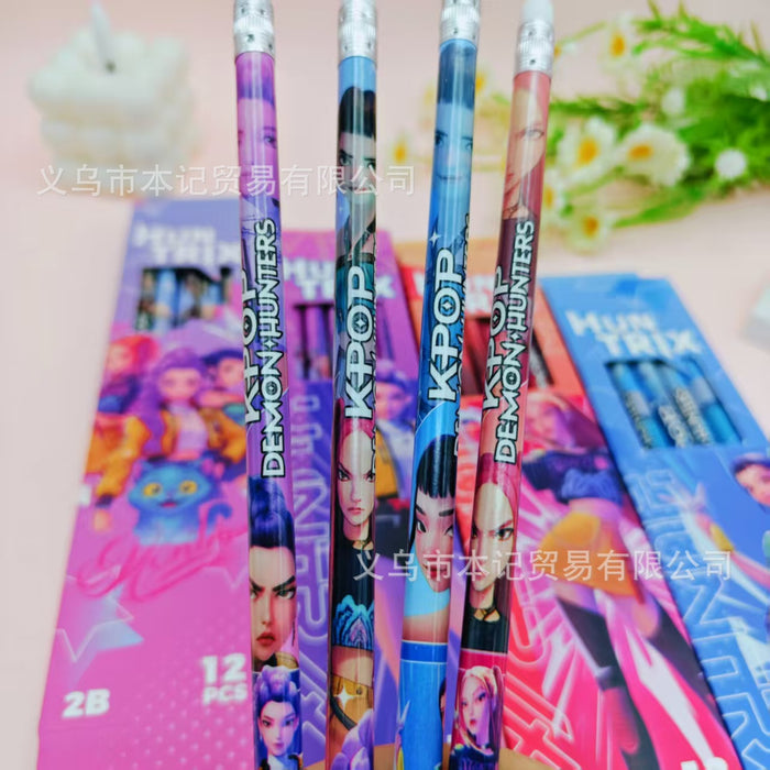 Wholesale Kpop Cartoon 12-Pack Wooden 2B Erasers and Pencils for Kindergarten Students
