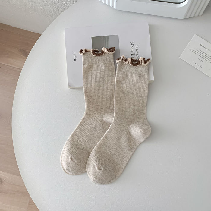 Wholesale Socks, tube socks, pure cotton, girls' contrasting lace, long pile socks