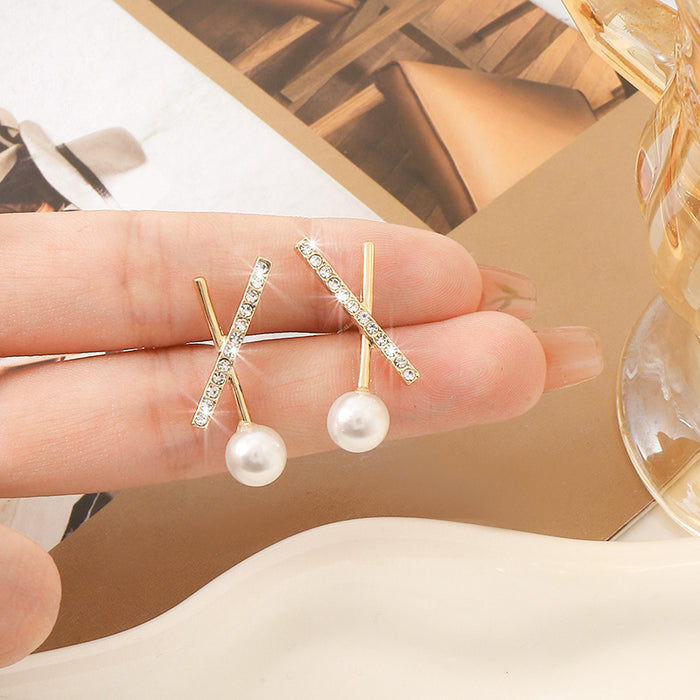 Wholesale Silver Needle Temperament Letter Pearl Earrings Retro Atmospheric Cross Earrings Earrings and Accessories