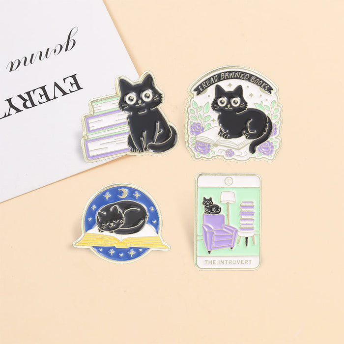 Wholesale Black Cat Reading Brooch Zinc Alloy Enamel Pin For Book Lovers Chic Fashion Accessory