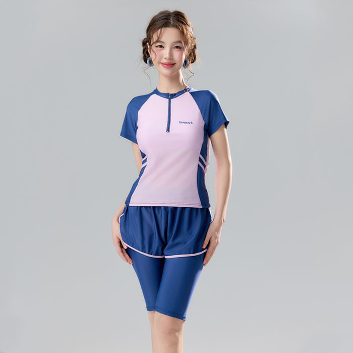 Wholesale Swimsuit two-piece set with five piece pants, sporty and conservative color blocking