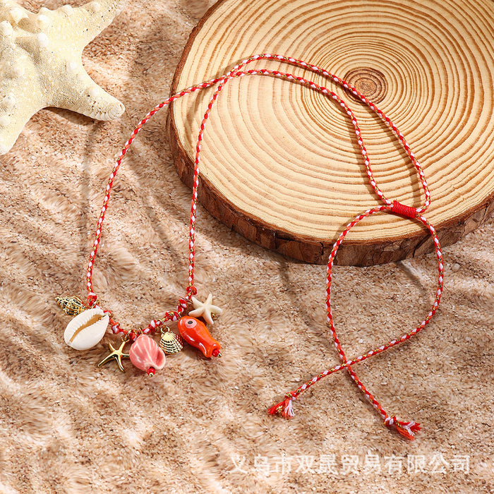 Wholesale Fashionable hand woven rope ocean series ceramic fish shell starfish pendant necklace jewelry