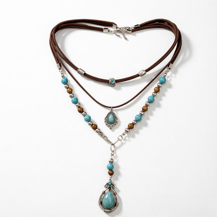 Wholesale Vintage Turquoise Beaded Collarbone Necklace Set Ethnic Heart Bull Head Pendant Layering Jewelry Gift