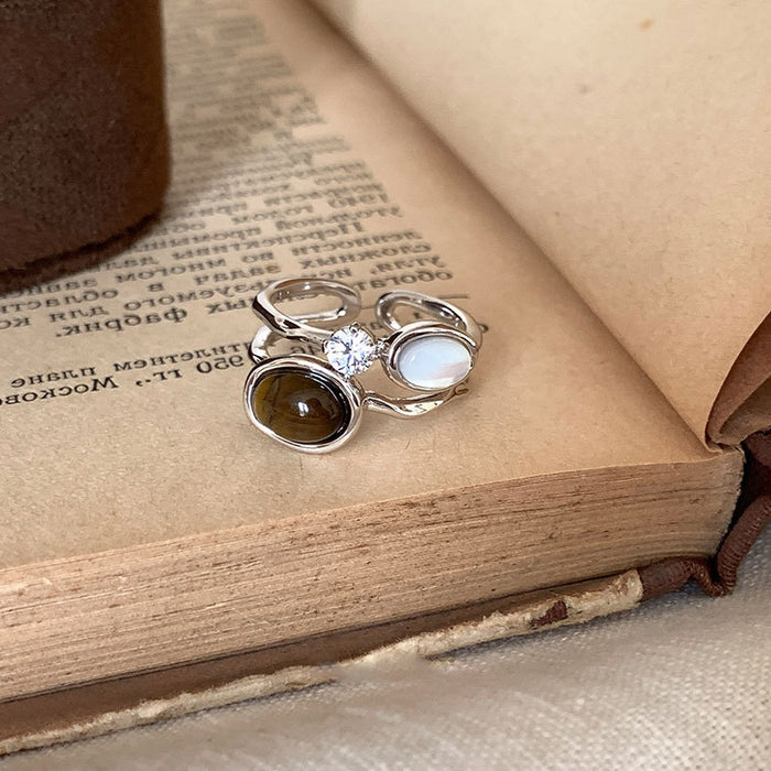 Wholesale Tiger' s Eye and Zircon Geometric Double-Layer Ring