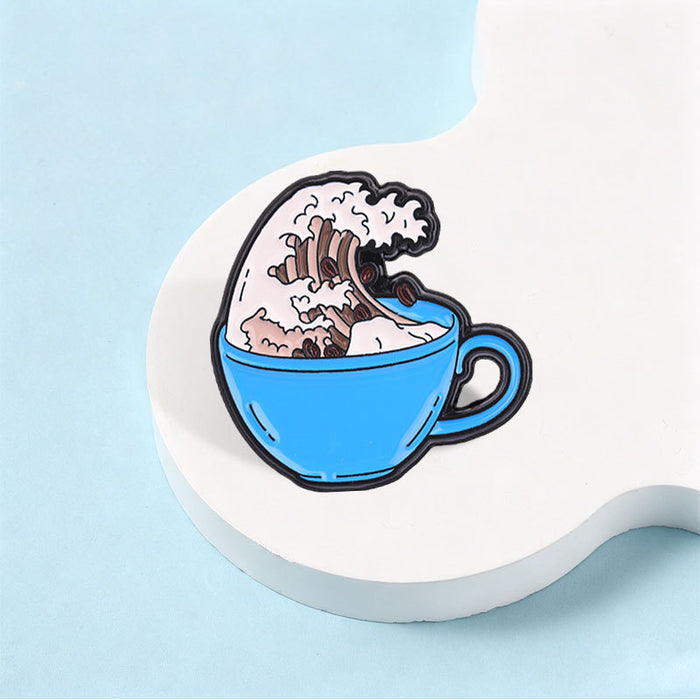 Wholesale Trendy Kanagawa Wave Coffee Cup Brooch Zinc Alloy Badge Bag Accessory