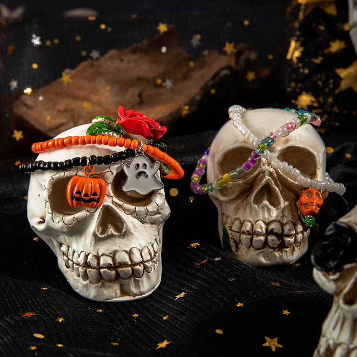 Wholesale Halloween Dark  Skull Ghost Pumpkin 5-Piece Anklet Set Plastic Resin Beaded Fashion Accessory MOQ≥2