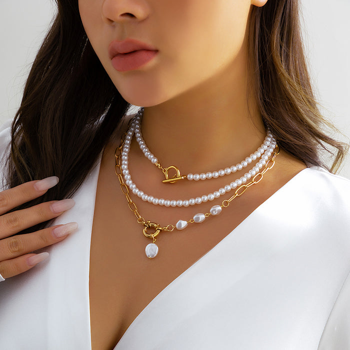 Wholesale Vintage imitation pearl pieced simple necklace with creative temperament, round bead chain layered necklace accessory