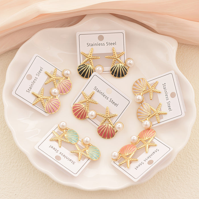 Wholesale Stainless Steel Starfish Shell Pearl Earrings Marine  style Earrings