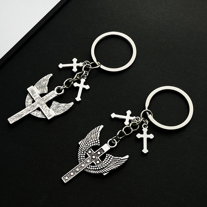 Wholesale Antique Silver Wings Cross Alloy Keychain JDC-KC-LuNeng003