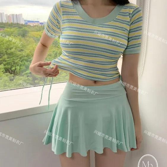 Wholesale New short sleeved conservative swimsuit, split striped hot spring skirt style swimsuit
