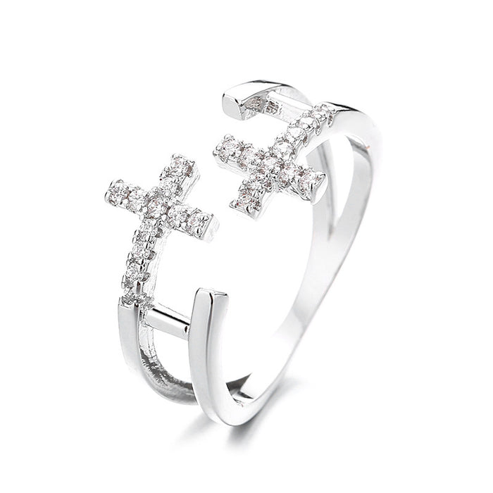 Wholesale Personalized double-layer cross ring with diamond inlay and versatile opening, light luxury
