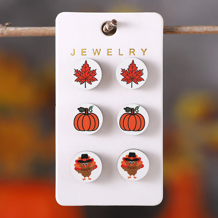Wholesale Autumn Thanksgiving Pumpkin Maple Leaf Round Earrings suit Wooden Autumn Harvest Earrings Earrings