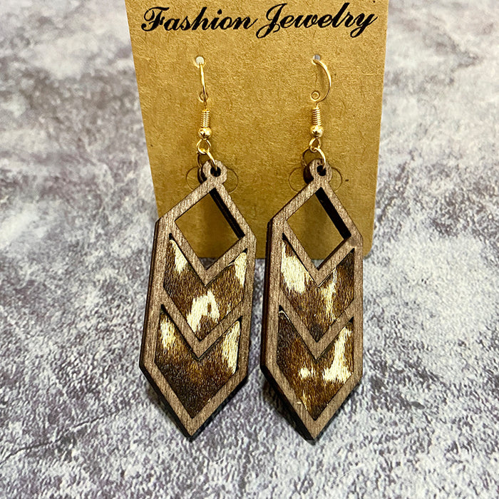Wholesale Leopard print cow pattern genuine leather earrings Western geometric inlaid earrings hollow earrings