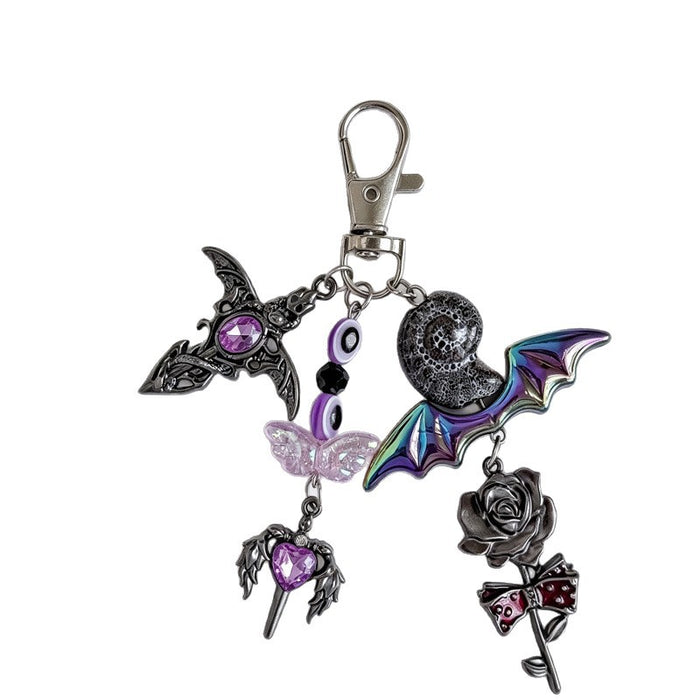 Wholesale Gothic Bat Keychain Purple Heart Cross Pendant Zinc Alloy Bag Charm  Gift