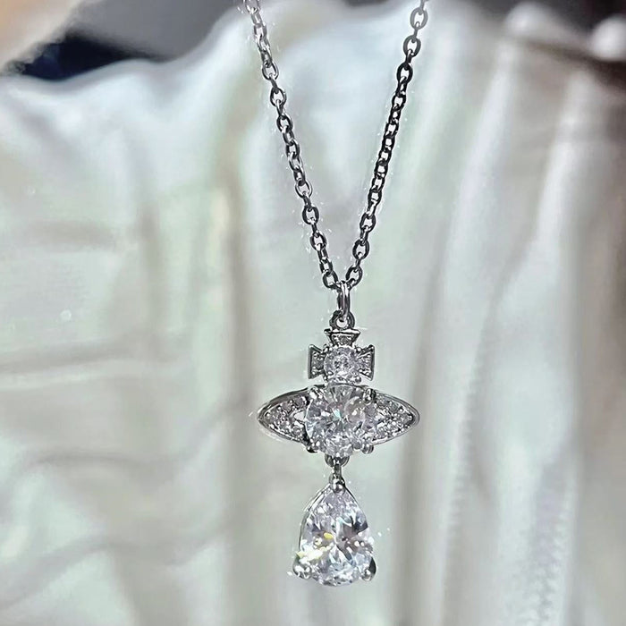 Wholesale   Saturn Necklace  Tears Diamond Pendant Necklace Women's Clavicle Chain