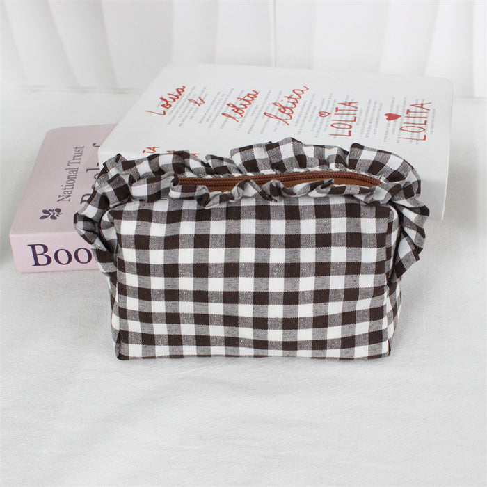 Wholesale Trendy Black Plaid Pleated Lace Pencil Case Large Capacity Student Stationery Pouch Boutique Gift