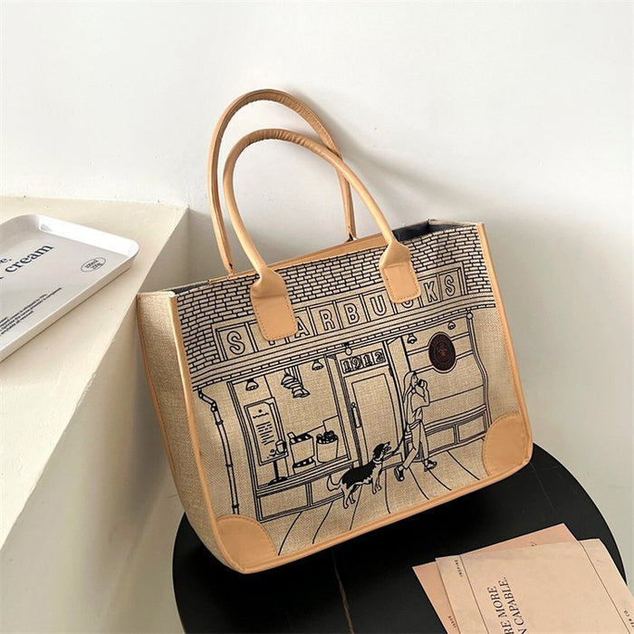 Wholesale Trendy Cartoon Print Cotton Linen Zipper Tote Bag Fashion Accessory Gift