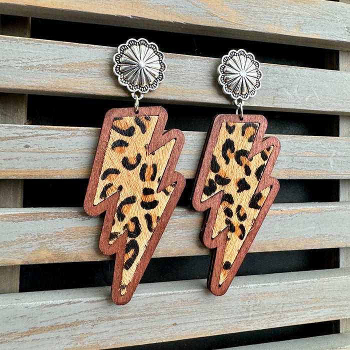 Wholesale Western lightning earrings classic leopard print genuine leather inlaid wood texture earrings
