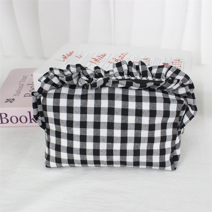 Wholesale Trendy Black Plaid Pleated Lace Pencil Case Large Capacity Student Stationery Pouch Boutique Gift