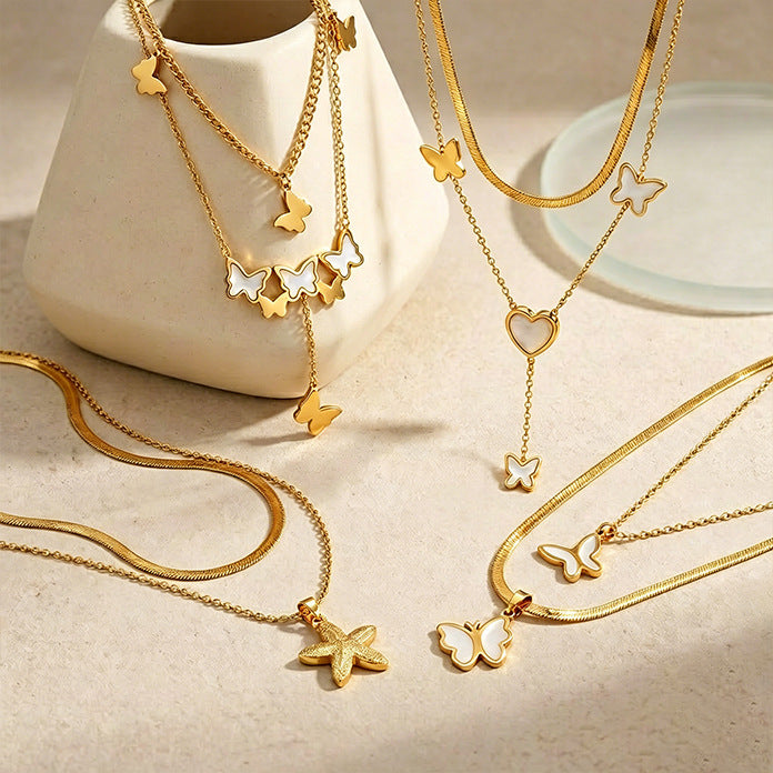 Wholesale Stainless Steel Geometric Butterfly Heart Tassel Necklace MOQ≥5